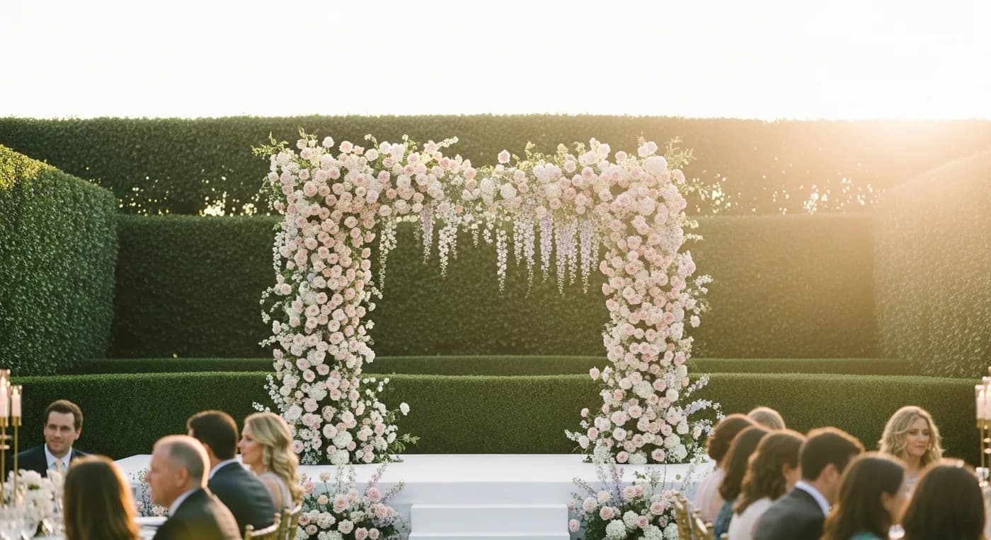 Evening outdoor reception dinner with guests seated under string lights