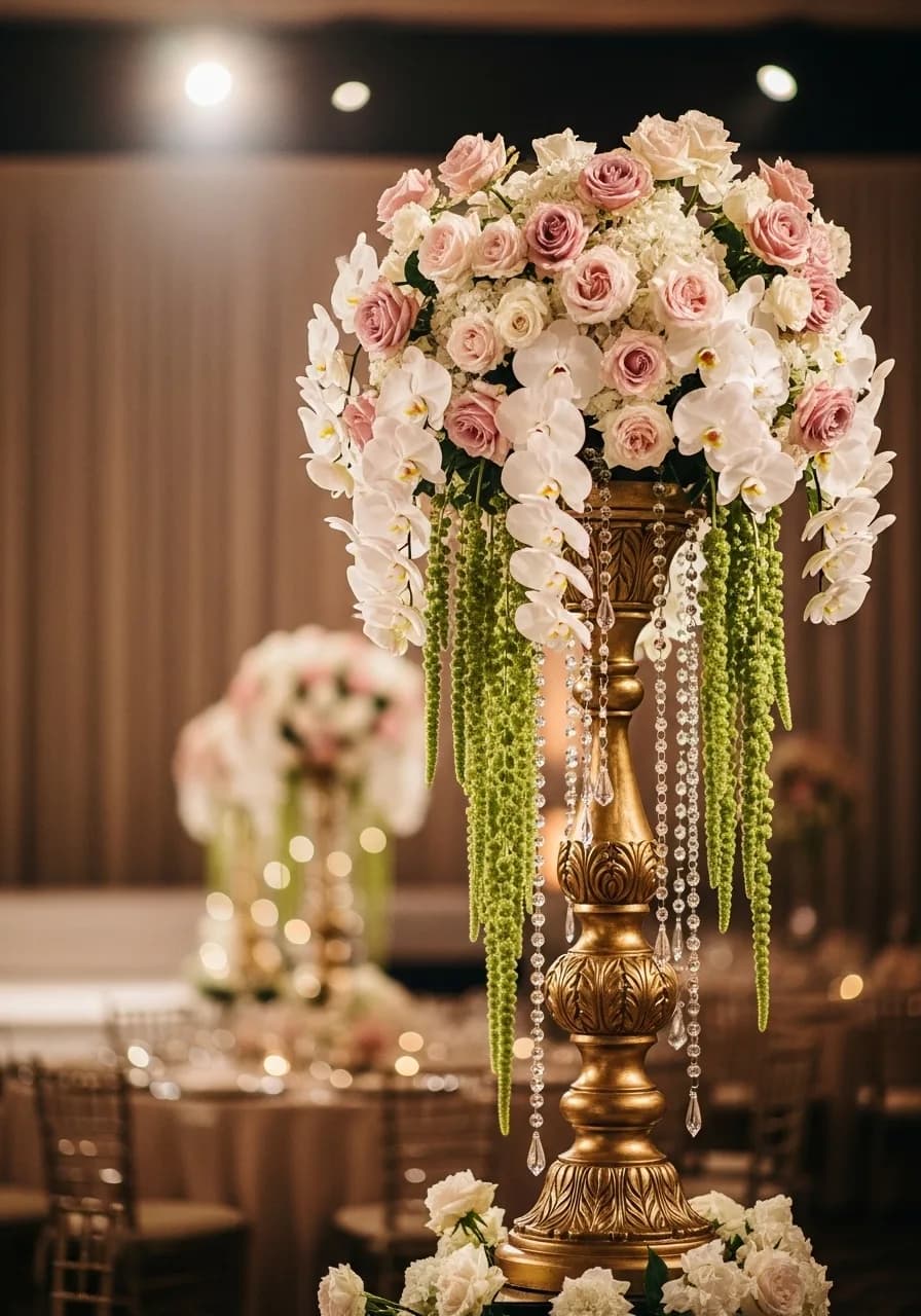 Close-up of pink ranunculus and garden rose arrangement for reception stage florals