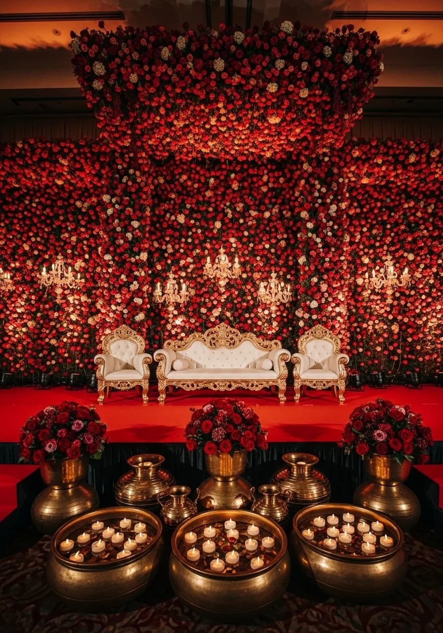 Luxury wedding reception venue with pool, ambient lighting, and elegant outdoor staging