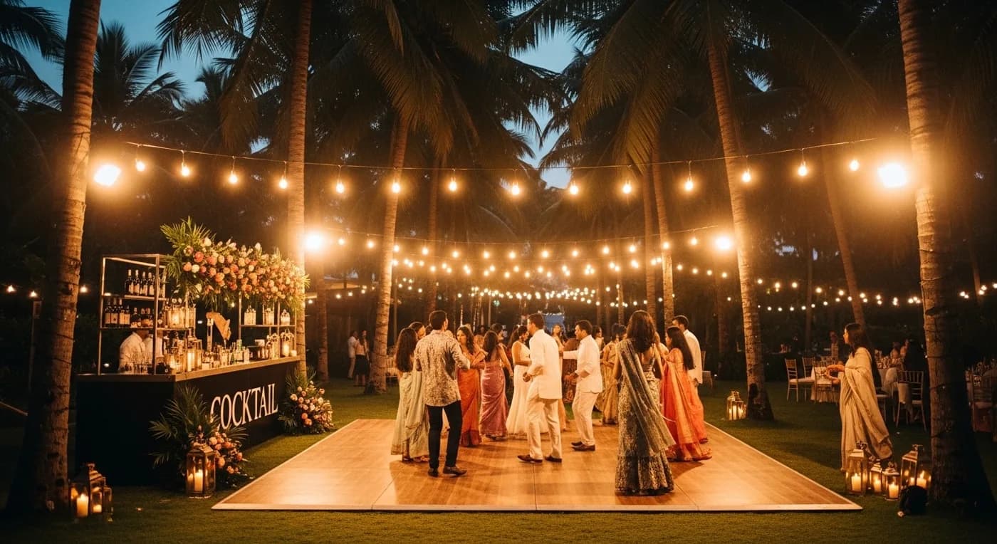 Luxury evening venue with pool lighting and ambient atmosphere for sangeet celebration