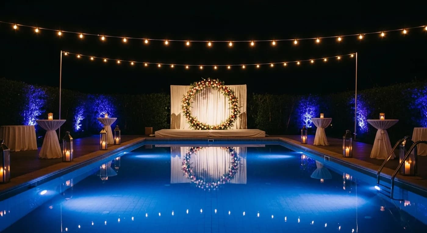 Outdoor wedding celebration area with decorated seating and palm trees