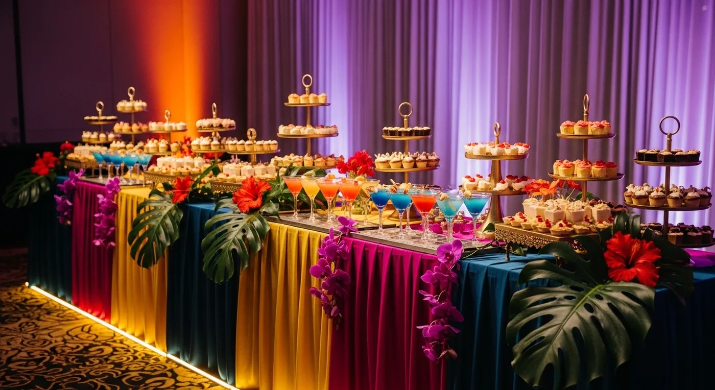 Elegant event table setup with crystal glasses and coloured lighting