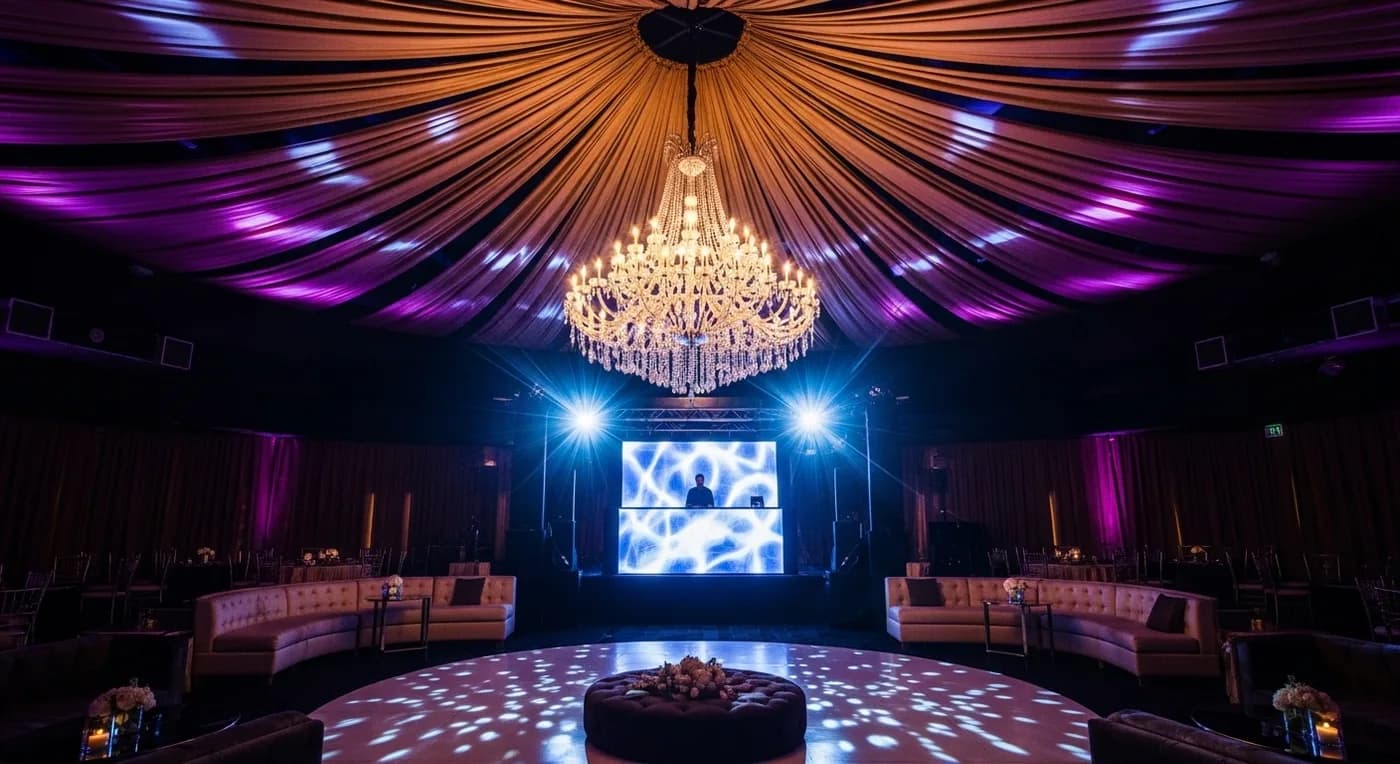 Grand celebration venue with white floral arrangements and ambient stage lighting