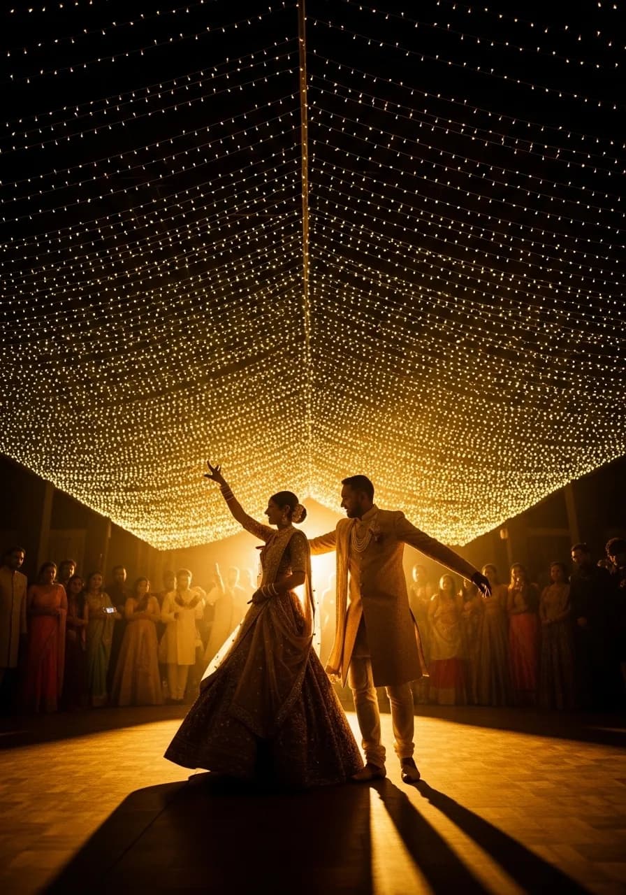 Outdoor celebration area with flower arrangements for sangeet night