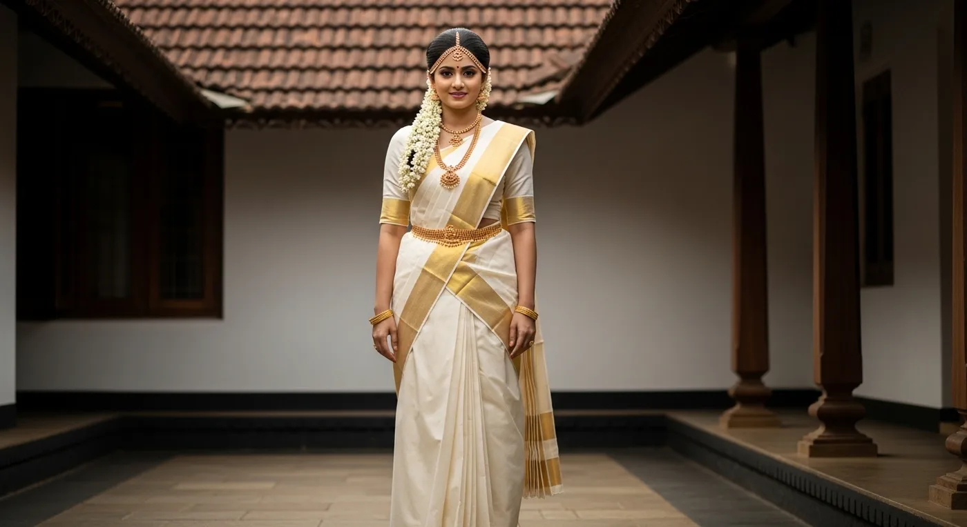 Kerala bride draped in traditional kasavu mundu-veshti set with gold border and temple jewellery