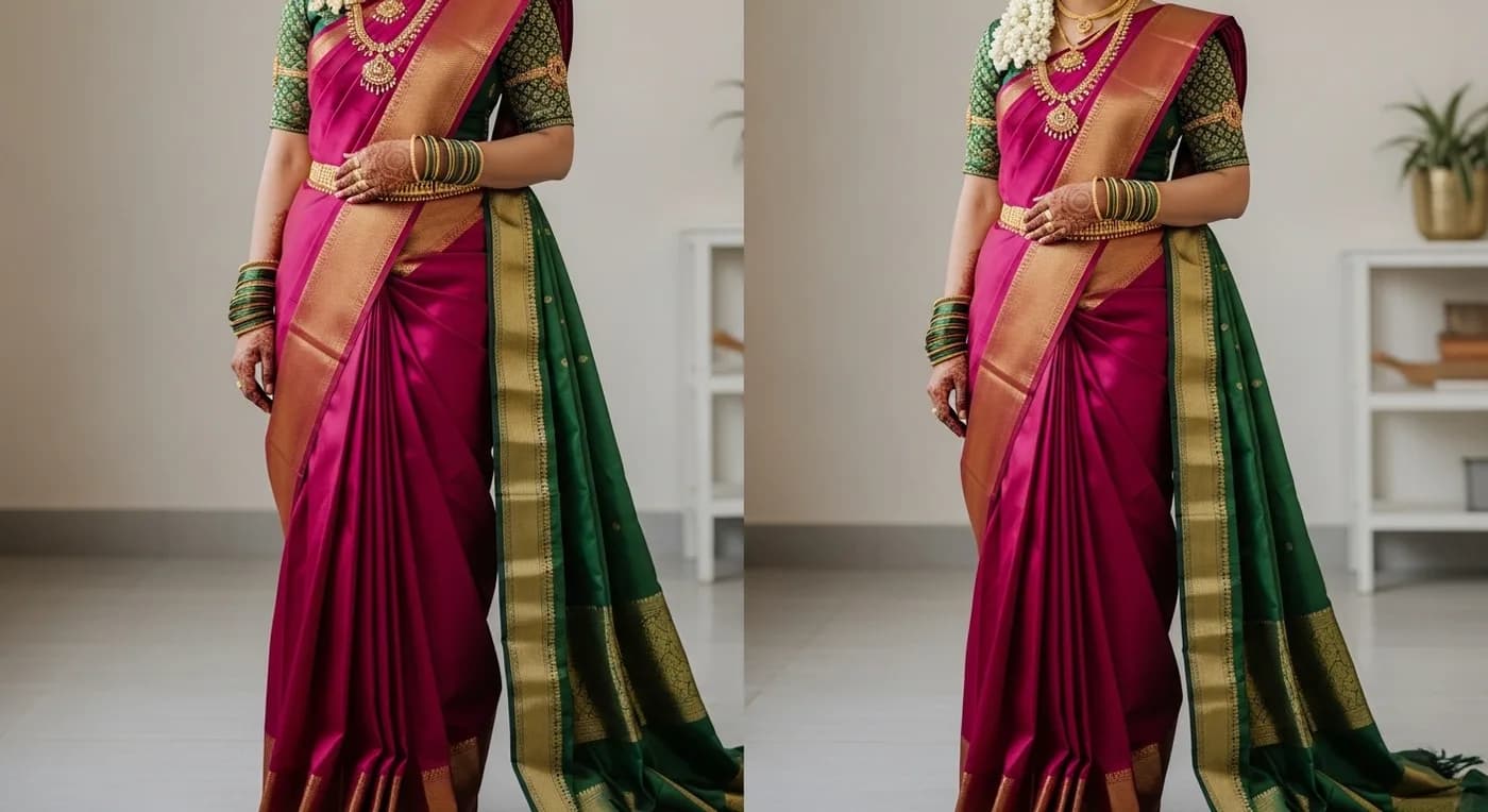 Bride in Kanchipuram silk saree with classic Nivi drape and contrast pallu