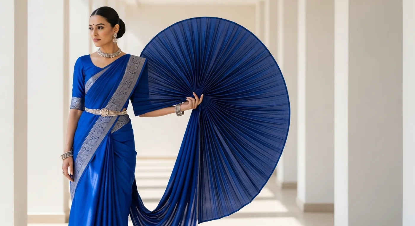 Bride in Mysore silk saree with modern pleating and fan-shaped pallu arrangement