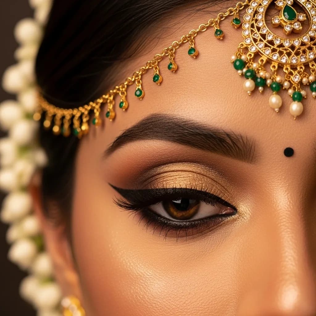 A South Indian bride with traditional gold jewellery, bridal makeup featuring shimmer eyeshadow and bold styling
