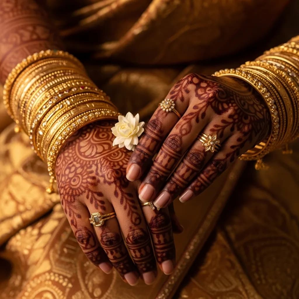 Close-up of Indian bride's eye makeup with gold shimmer eyeshadow and traditional jewellery