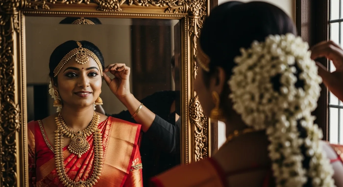 Close-up of bridal hand with detailed mehndi henna design and ring