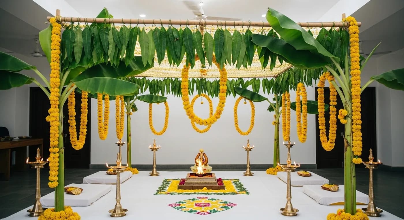 Traditional Telugu pellikuthuru mandap decorated with banana stems, mango leaves, and marigold garlands