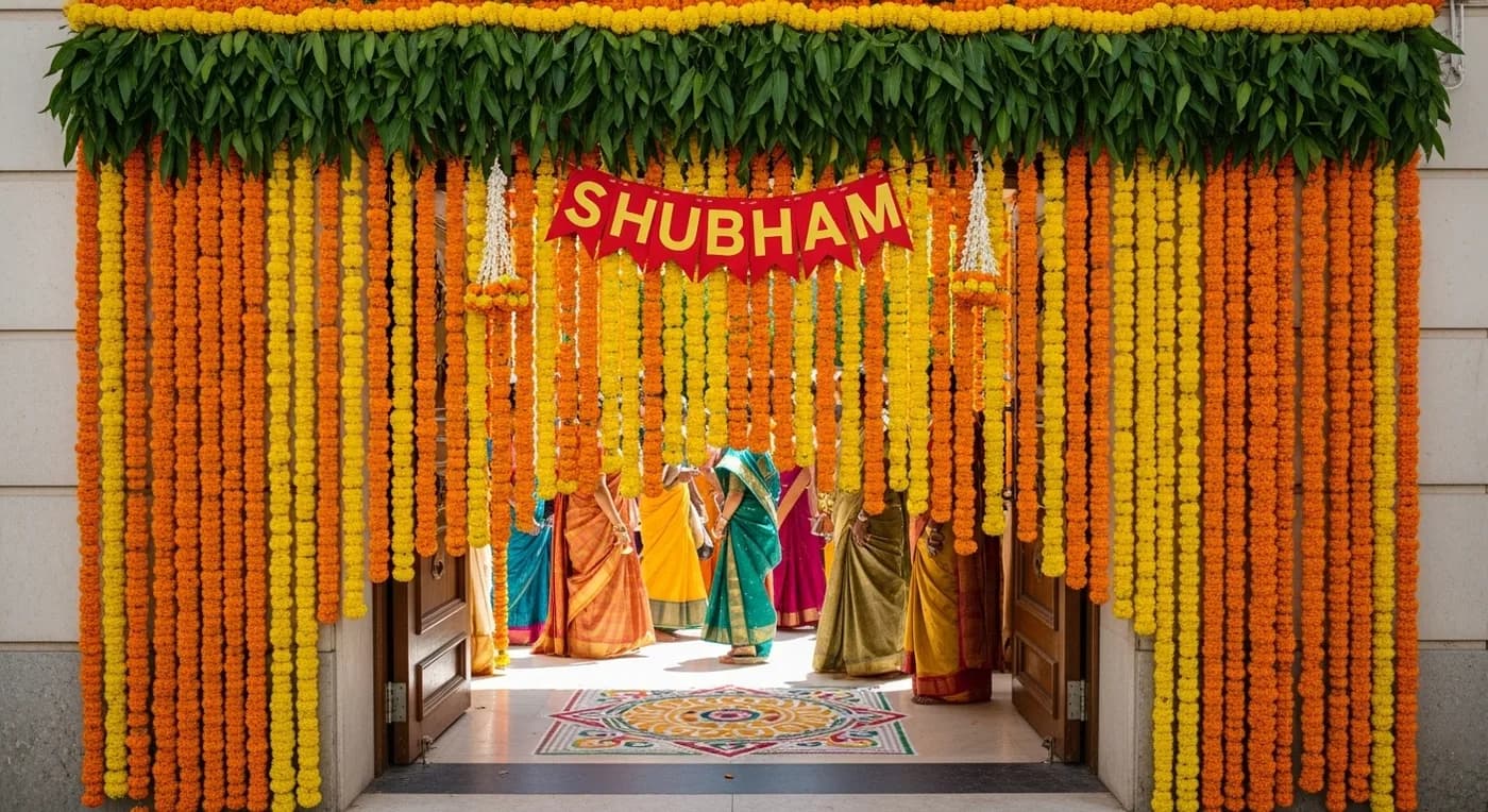 Marigold-draped wedding hall entrance with orange and yellow flower garlands at Telugu wedding
