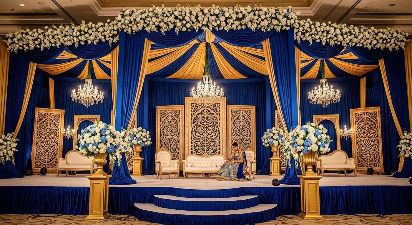 Hyderabadi nawabi-style reception stage with crystal chandeliers and rich draping