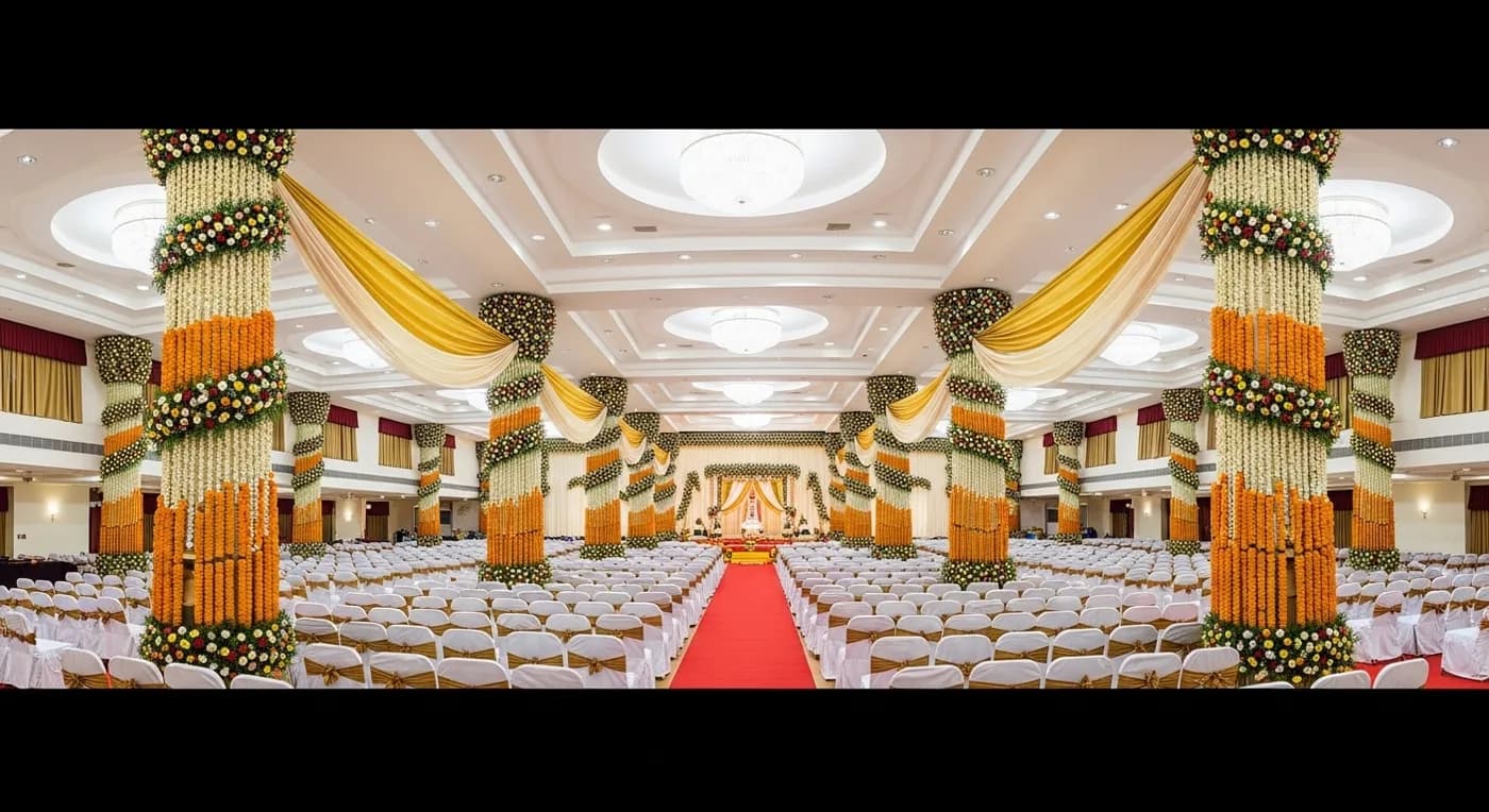 Grand kalyana mandapam hall decorated with floral pillars and fabric draping for Telugu wedding