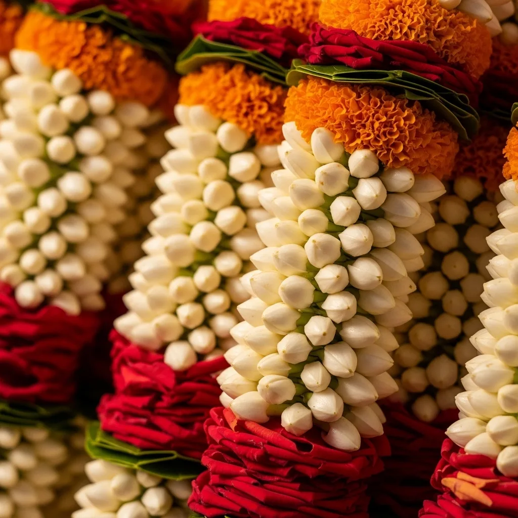 A beautifully decorated temple wedding mandap with traditional elements, fresh flower garlands, and sacred fire altar