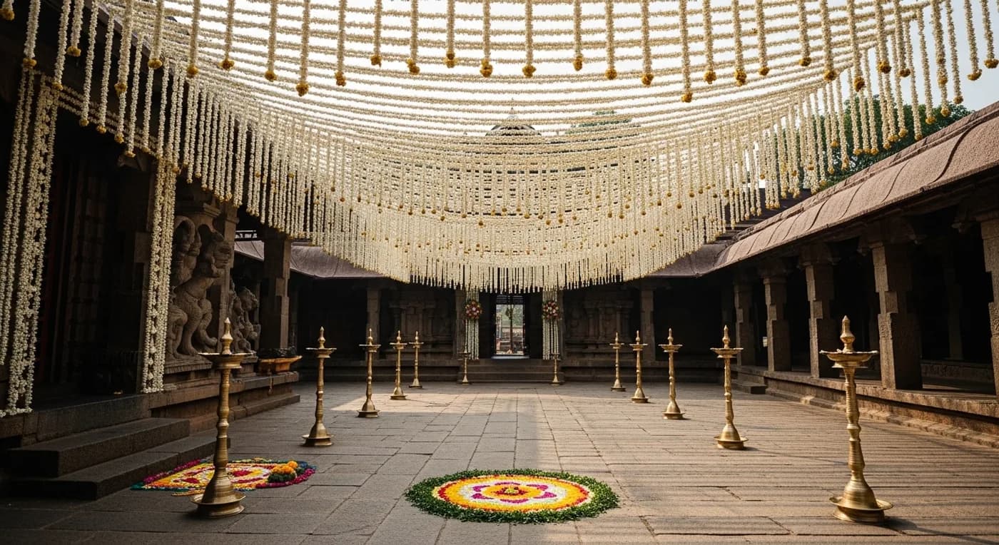 Floral arch entrance at a temple wedding ceremony