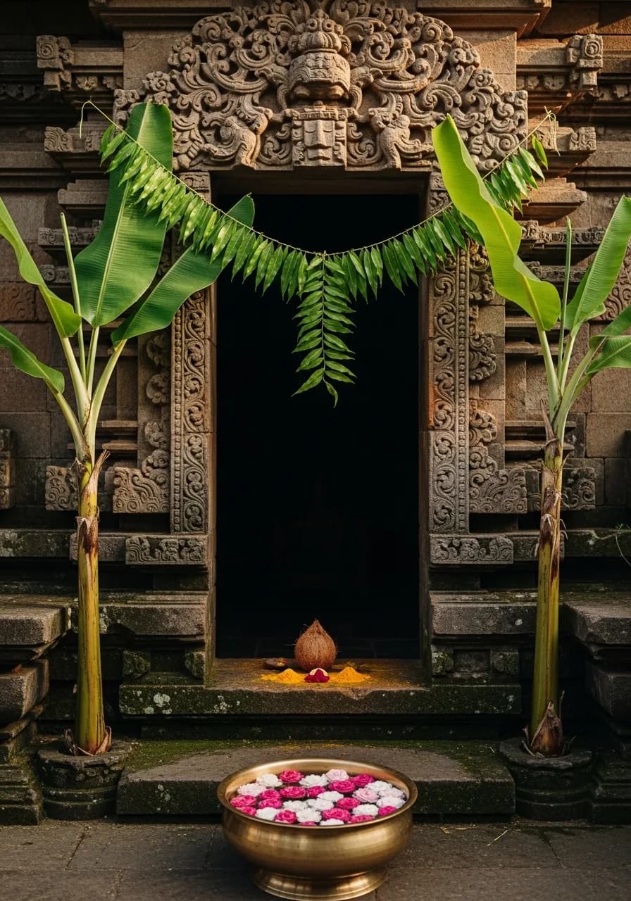 Overhead view of traditional Indian feast with multiple dishes on banana leaves