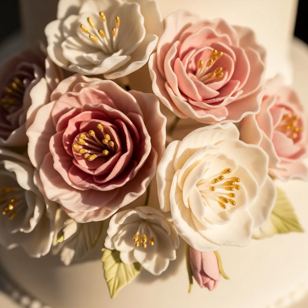 A beautiful multi-tiered wedding cake decorated with flowers and leaves displayed at an elegant reception
