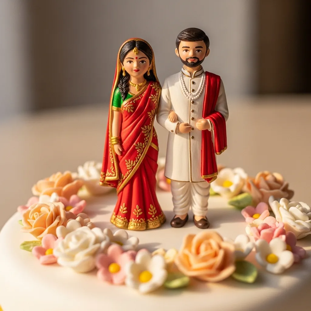 Three-layer wedding cake with fresh flowers at an indoor celebration