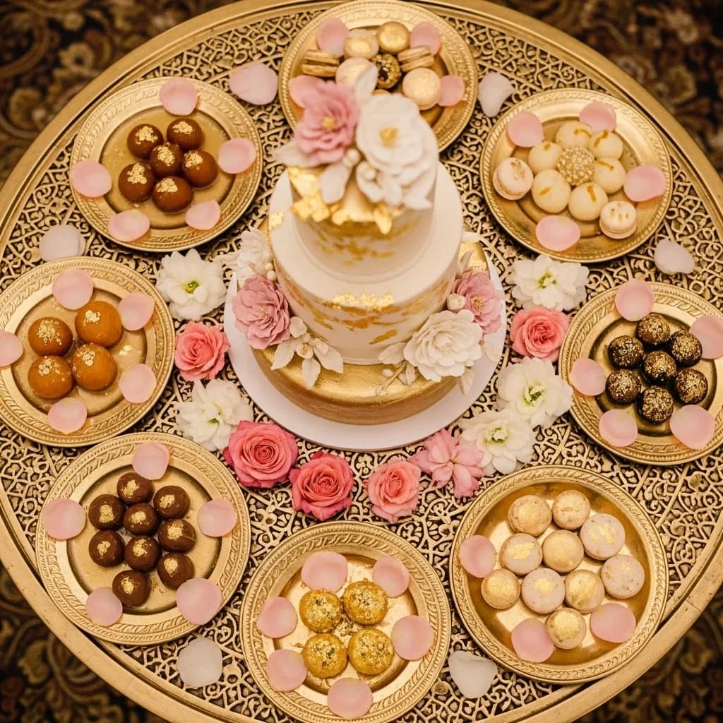 Wedding cake displayed on a table among lavish floral arrangements