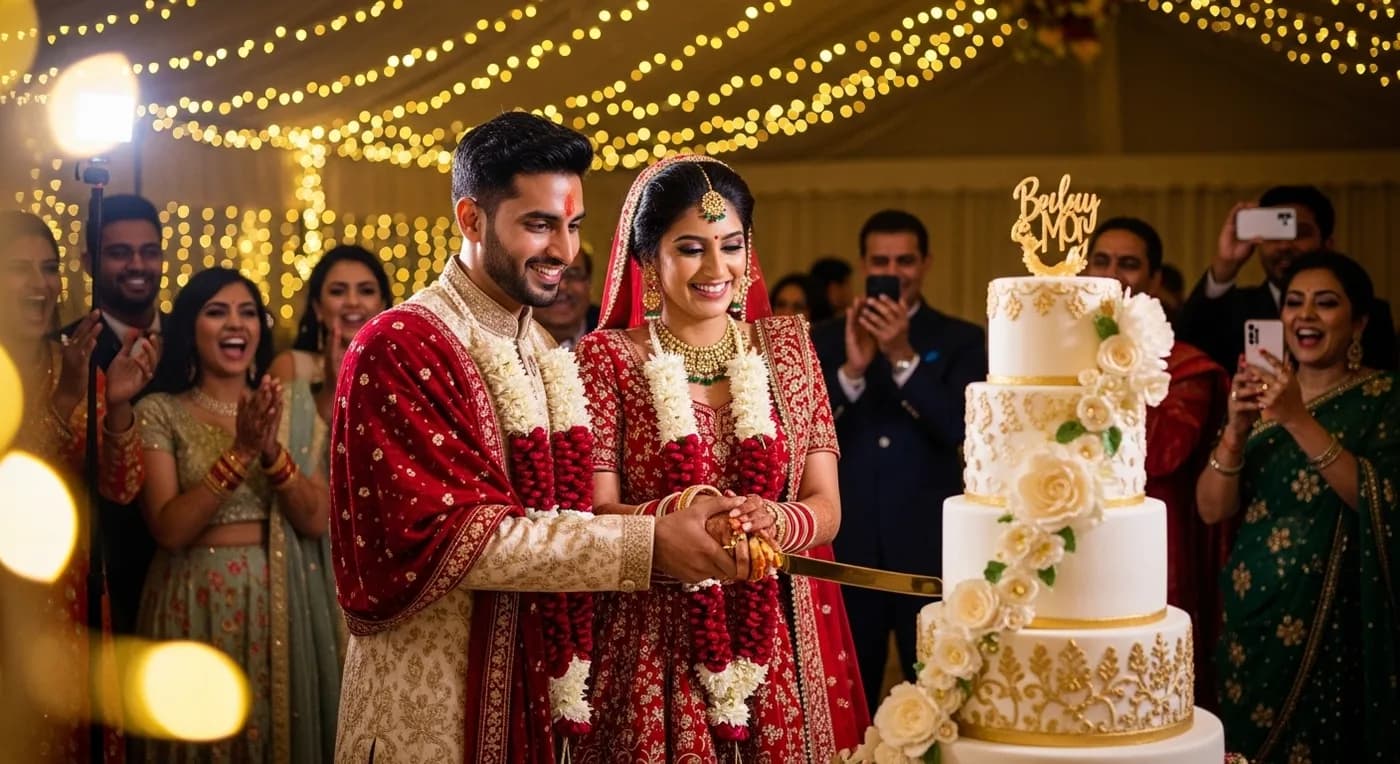 Outdoor wedding dessert area with cake and floral decorations