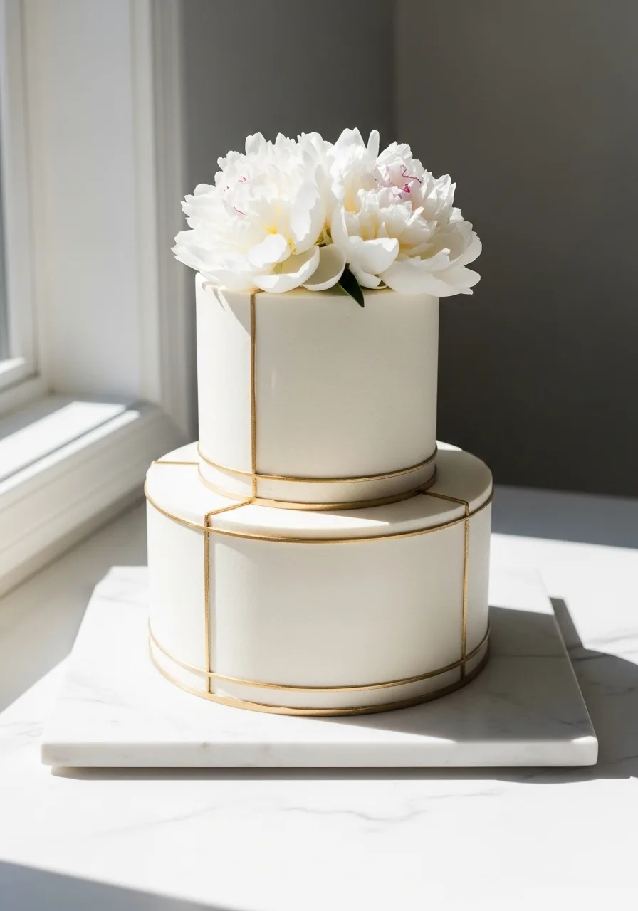Elegant white wedding reception setting with cake display area