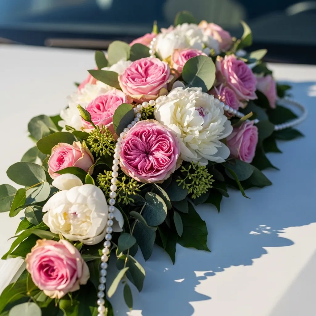 A white wedding car decorated with fresh flower arrangement on the bonnet