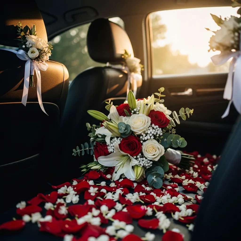 Close-up of white car with pink and white floral decoration for wedding ceremony