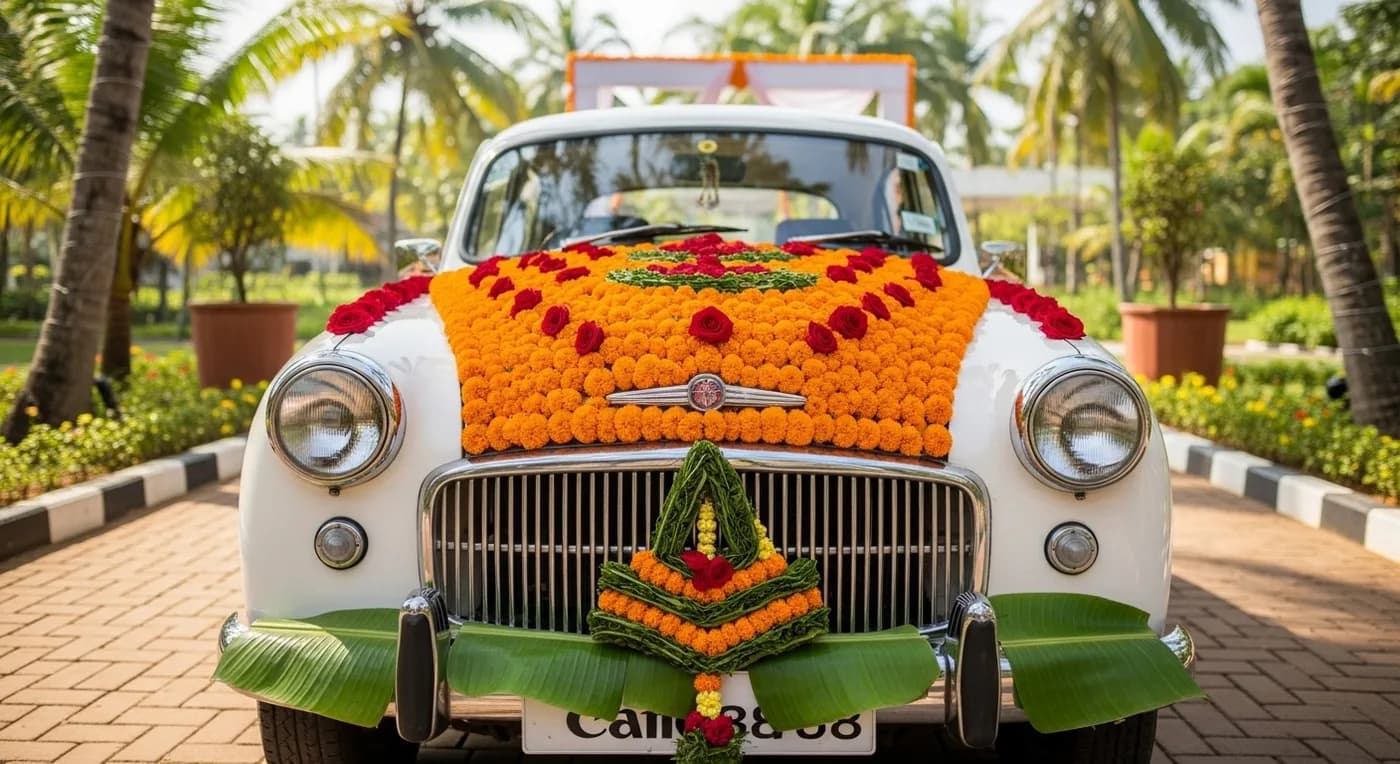 Bride in white dress with decorated wedding setting and car departure