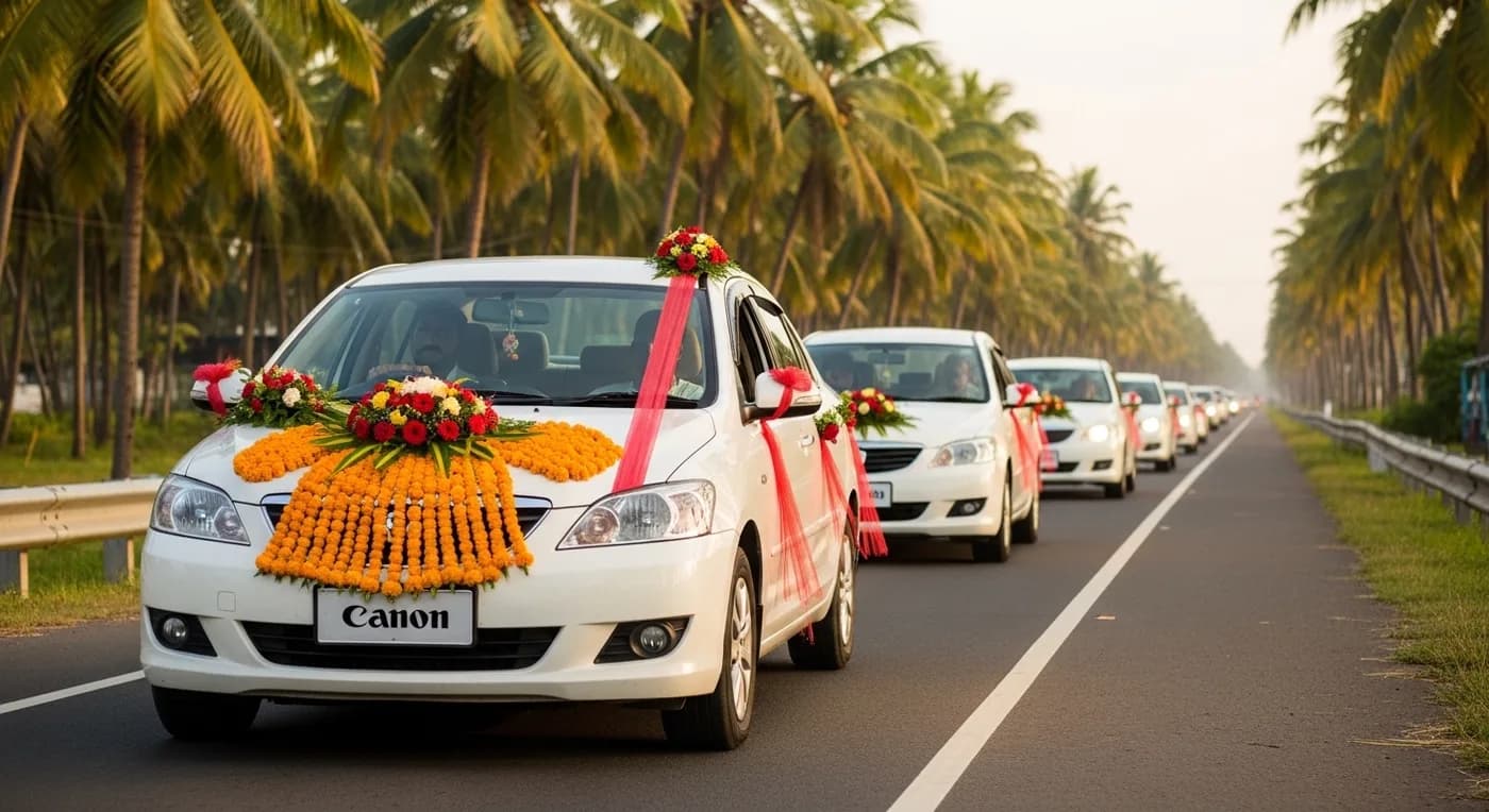 Couple at beach destination with wedding car in golden sunset light