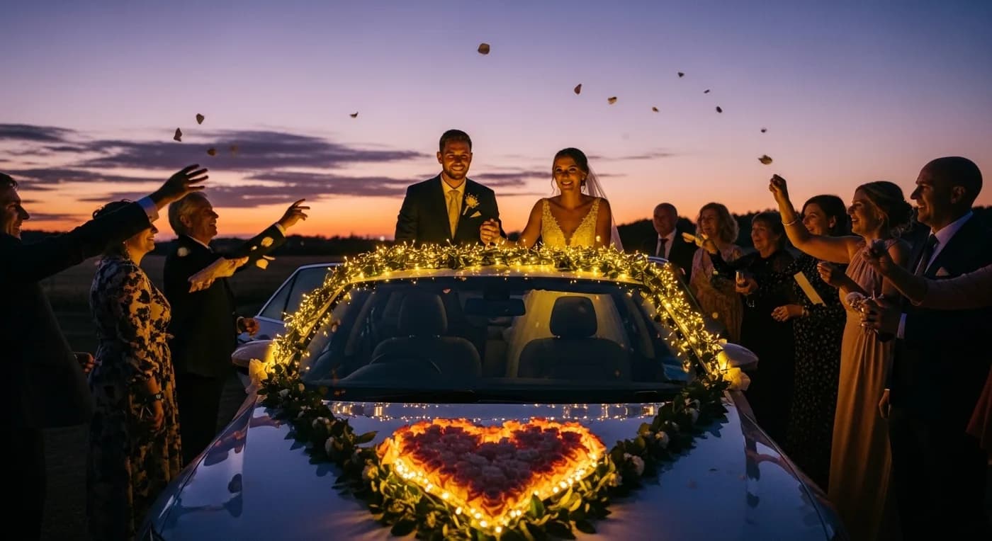 Floral arch at wedding venue matching the car decoration style
