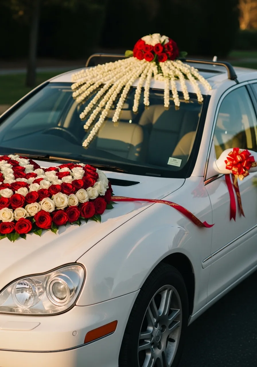 Bride holding bouquet with engagement ring, ready for wedding car departure