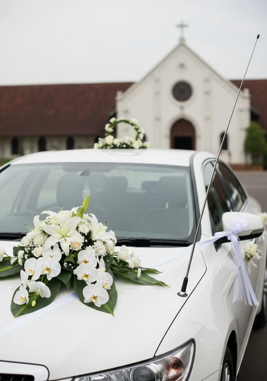 Wedding couple with flowers ready for decorated car departure