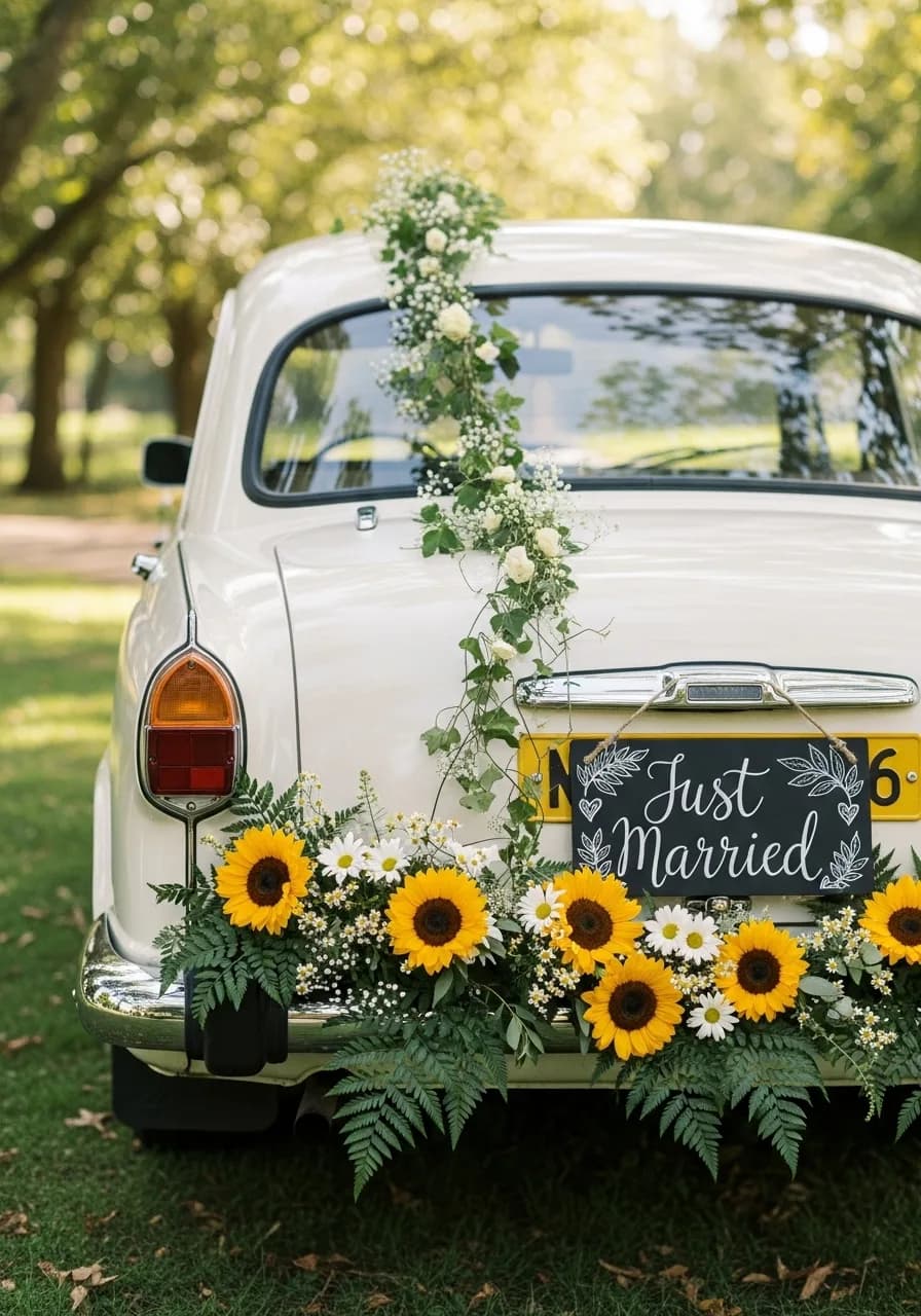 Rustic outdoor wedding setting with natural flower arrangements matching car decor
