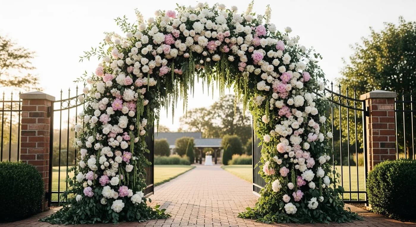 Grand floral arch entrance gate decorated with white and blush roses for a wedding venue