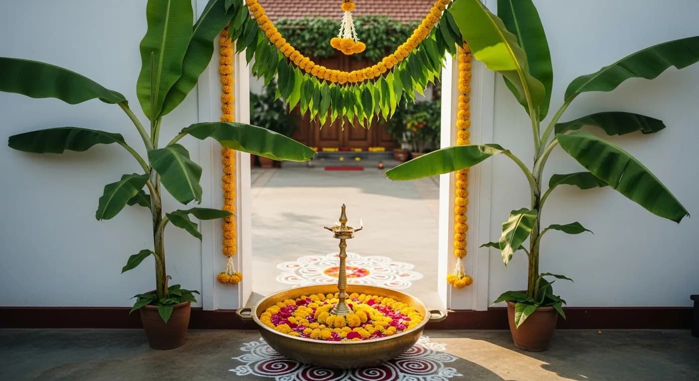 Traditional Kerala wedding welcome with banana plants and coconut leaf decorations at the entrance