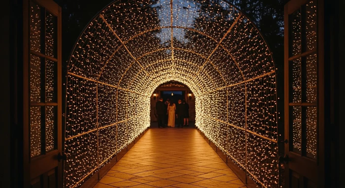 Fairy-light tunnel walkway creating a sparkling canopy for wedding guests