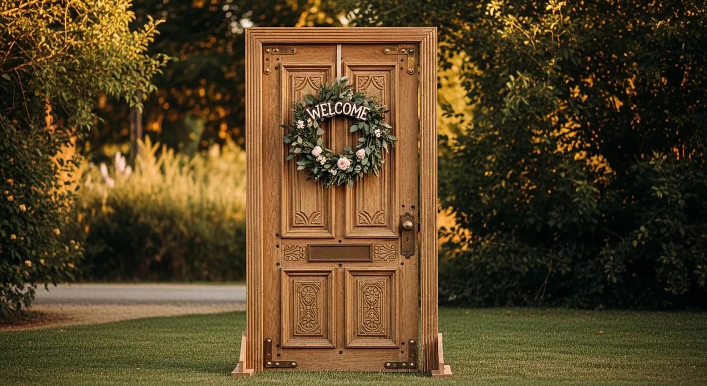 Vintage ornate door used as a freestanding welcome prop at wedding entrance