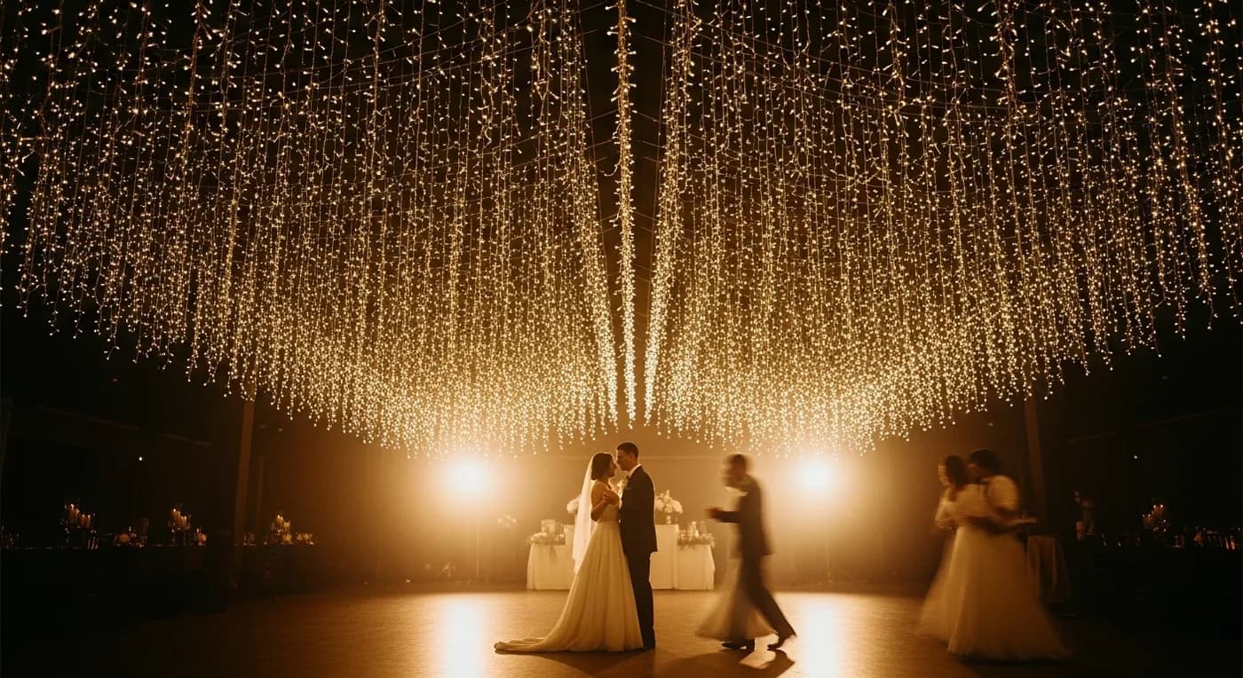 Candlelit wedding venue with hundreds of flickering candles creating warm ambience