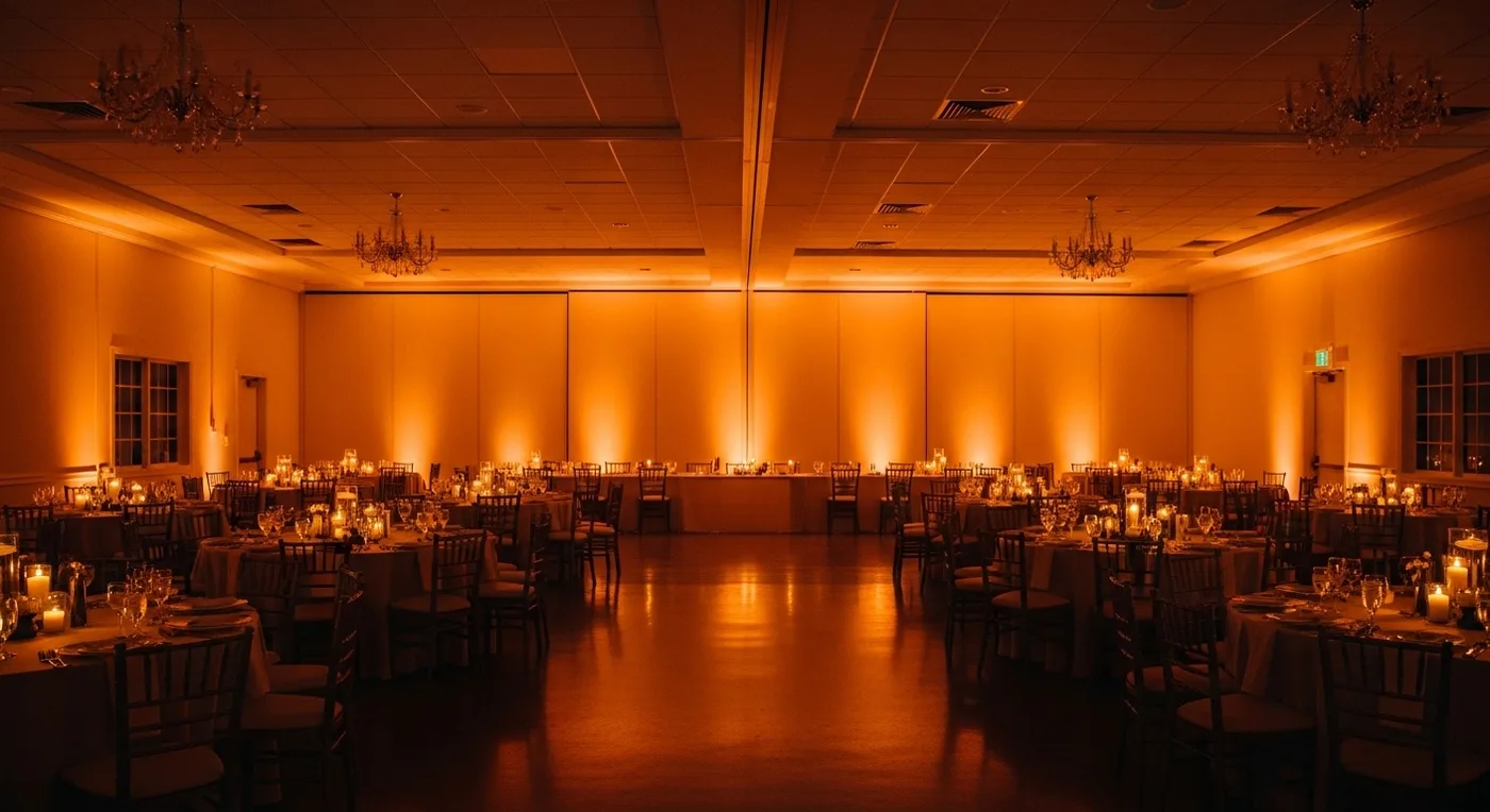 Indoor wedding ceremony space with warm lantern lighting and wooden interior