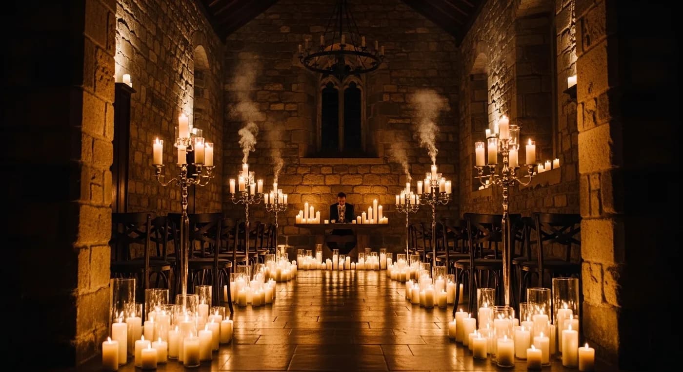 Outdoor wedding dinner under festoon bulb lights in geometric pattern