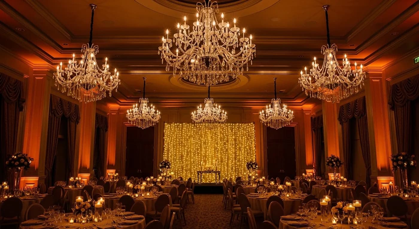 Wedding reception with pin spotlights on floral centrepieces and warm backlighting