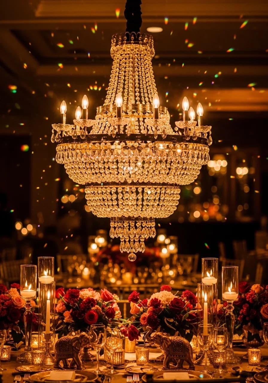 Outdoor wedding reception with warm ambient lighting among trees