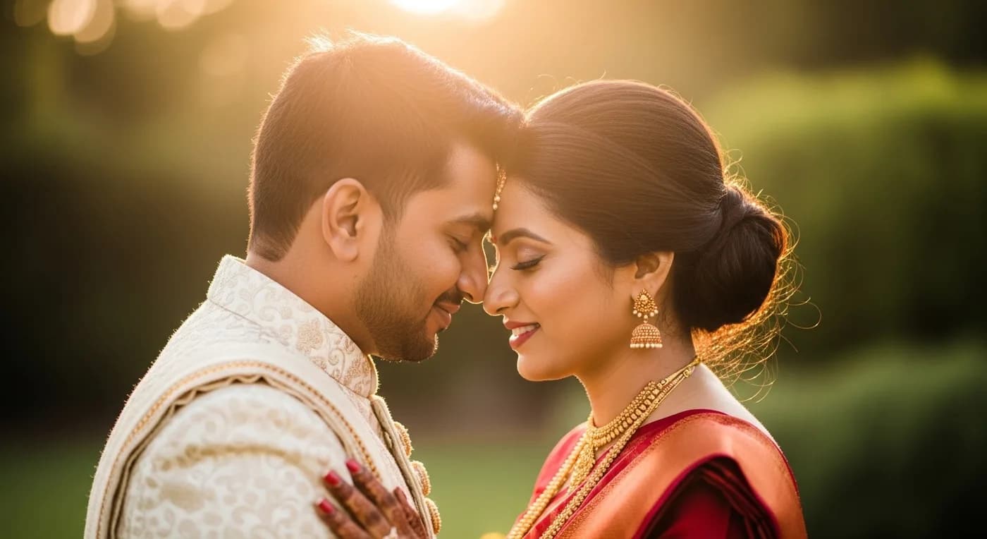 A wedding couple in a classic portrait pose with foreheads gently touching, soft golden-hour light behind them