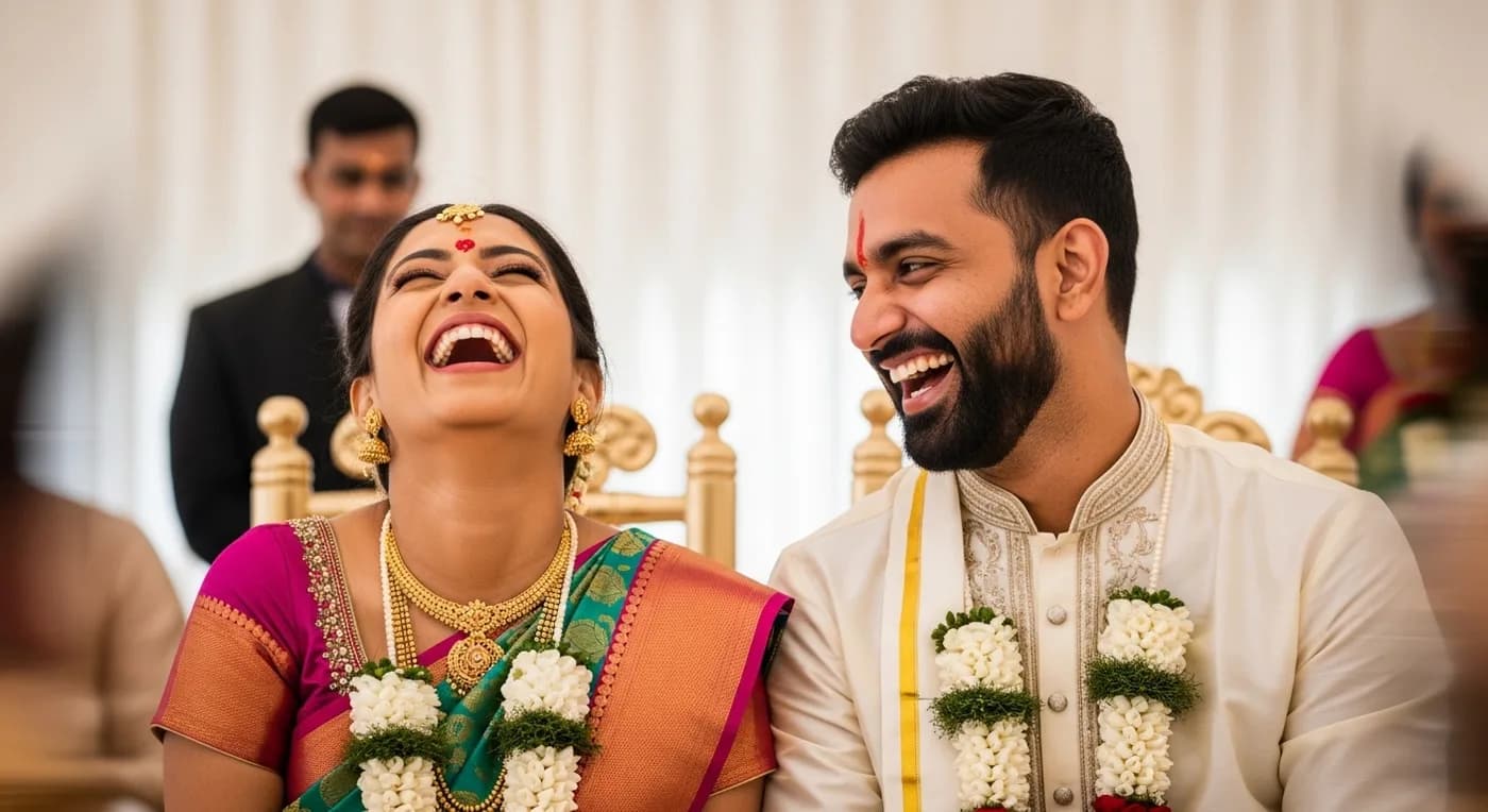 Candid photograph of a couple laughing together during their wedding ceremony