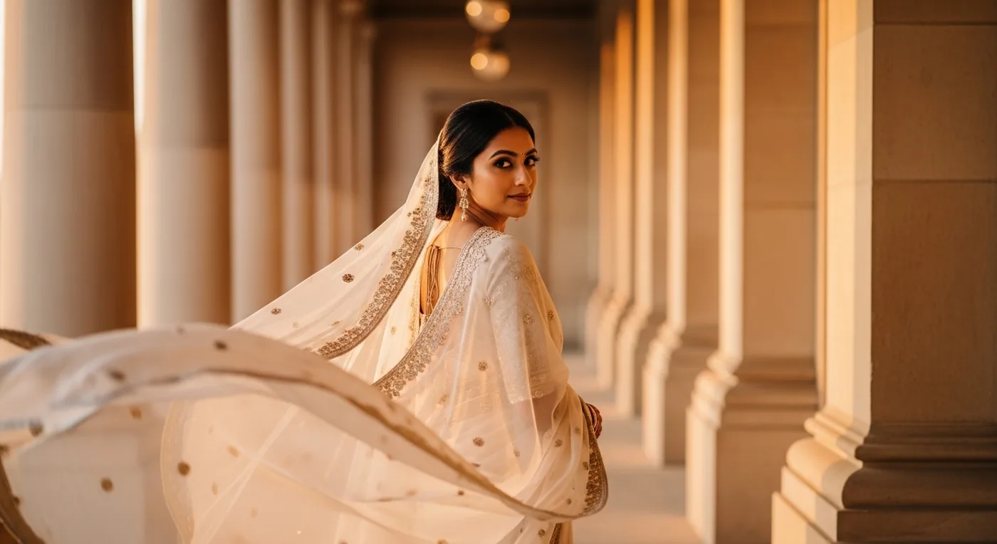 Bride looking back over her shoulder with a soft smile and her veil flowing behind