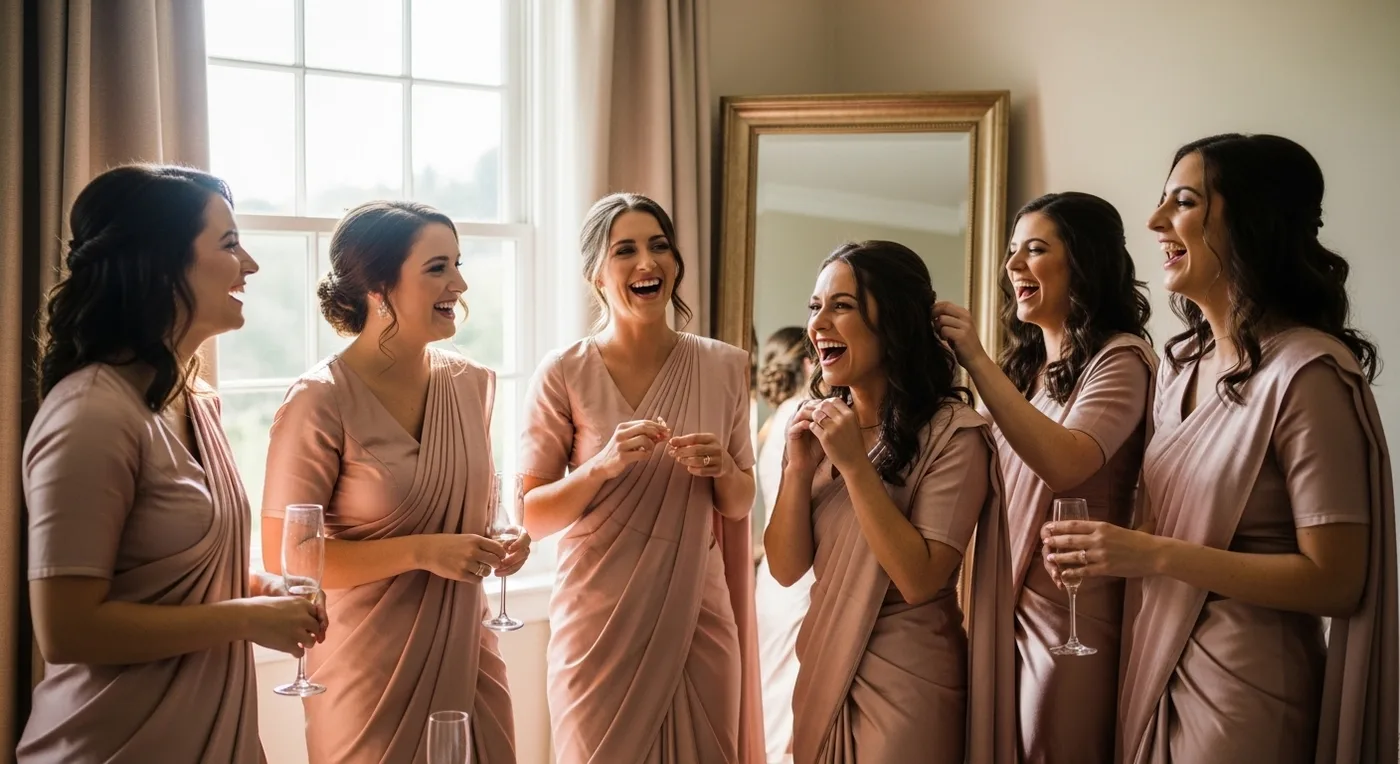 Bridesmaids in matching outfits laughing together during a getting-ready moment in the bridal suite