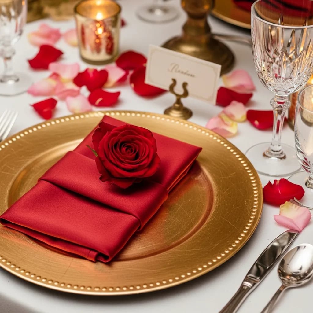 An elegantly set Indian wedding reception table with crystal glassware, floral centrepiece, and ambient lighting
