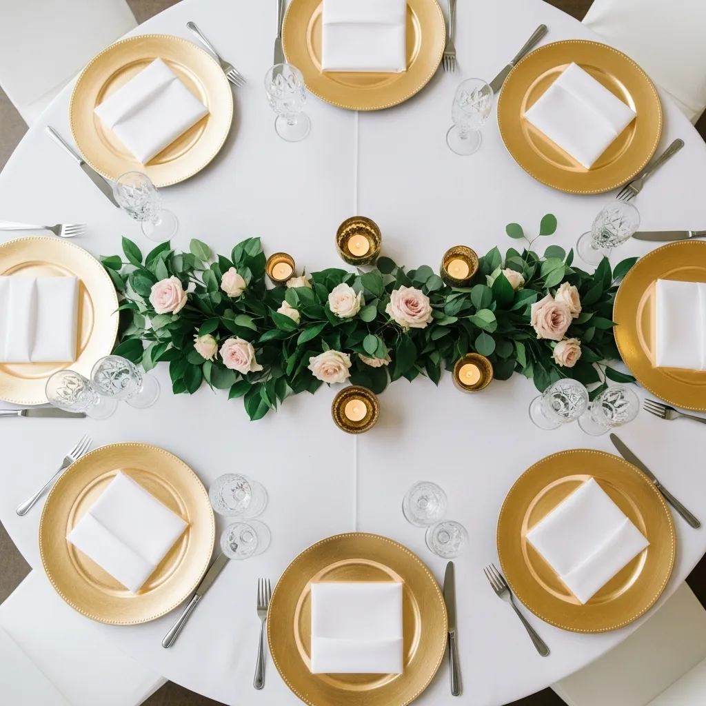 Elegant white and gold wedding table with tall centrepiece and crystal glasses