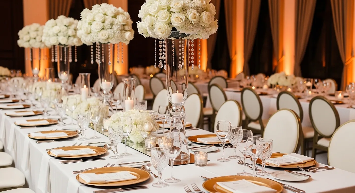 Elegant wedding reception table decoration with floral garland and candle lanterns